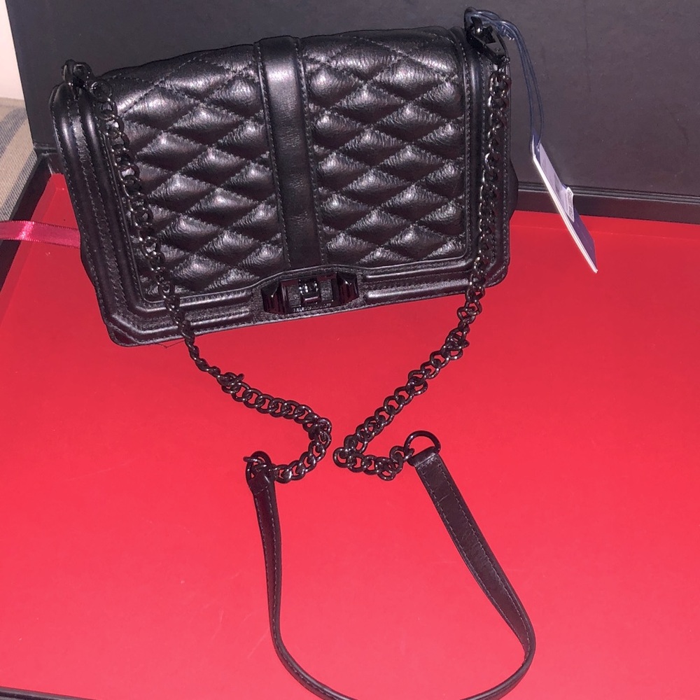 Rebecca Minkoff Black Chevron Quilted Diamond Leather Small Love Crossbody Bag - Picture 1 of 7